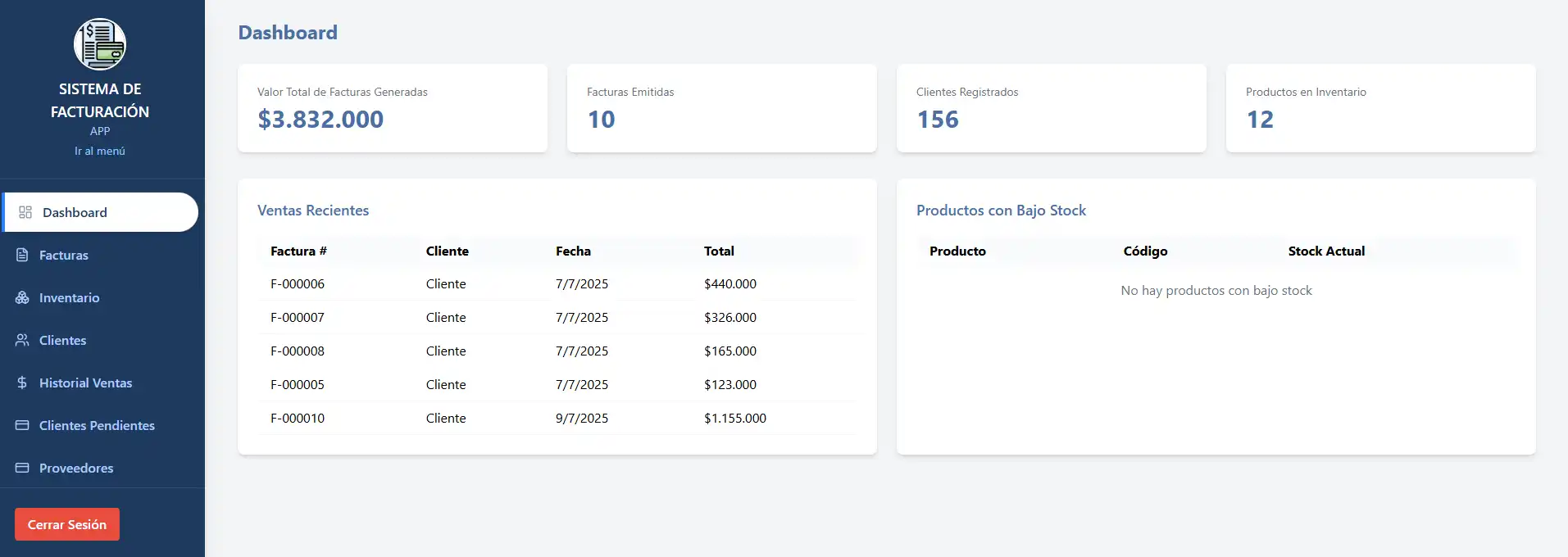 Aplicación de inventario y facturación